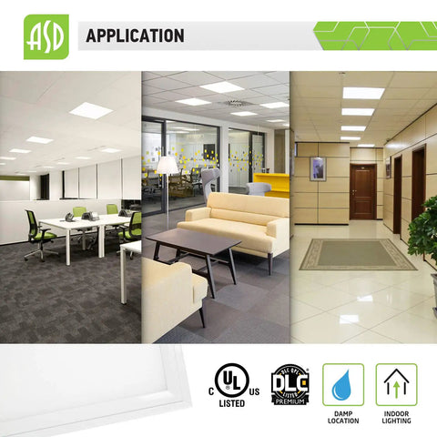 2x2 LED Flat Panel Light Edge Lit Dimmable 27W 3607 Lumens 4000K Bright White Drop Ceiling Office Lighting in various office spaces