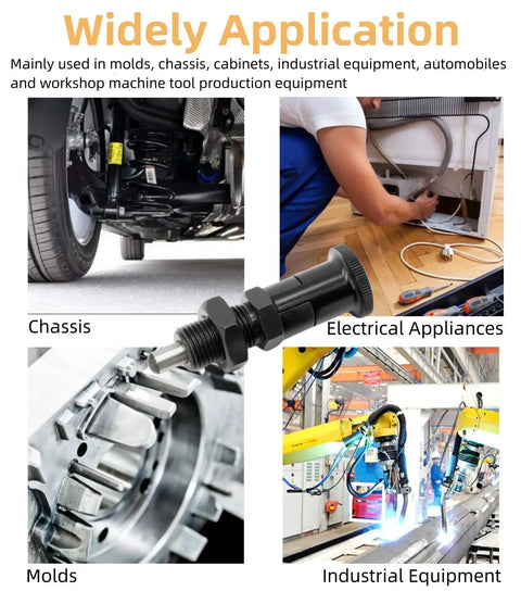 Rock Solid Push Fit Ball Nose Carbon Steel Spring Knob Plunger With Self Locking Retractable Index Pin For Heavy Duty Industrial Positioning And Fixing Hardware M10 Thread in industrial applications like chassis and molds.