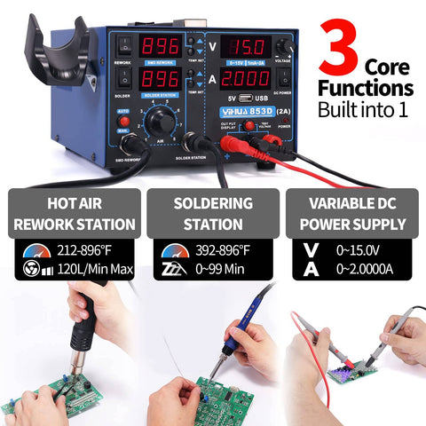 Three In One SMD Soldering Iron Station With Hot Air Rework DC Power Supply With Volt Meter shown in use with circuit boards