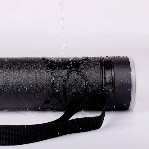 Bulletproof Extendable Poster Storage Tube With Quick Grip Straps And Easy Peasy Adjust From 24 To 40 Inches For Blueprints Artwork Maps And Rolled Posters In Matte Black Case, wet with water droplets.