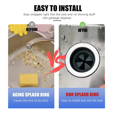 Before and after comparison of sink with and without Beefed Up Three And Three Eighths Inch EPDM Rubber Garbage Disposal Splash Guard Replacement For Evolution Series QCB AM Sink Drain Protector 2 Pack Easy Fit Reduces Splashing Quiet Operation Kitchen Upgrade.