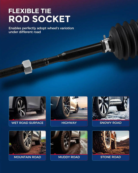 Flexible tie rod socket highlighting varied road adaptability for Hydraulic Power Steering Rack And Pinion For Toyota Tacoma 1998 1999 2000 2001 2002 2003 2004 2.4L 3.4L RWD Replacement 971611 Drop In Fit And Easy Install For Smooth Steering Upgrade.