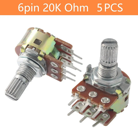 Five Pack 20K Dual Linear Potentiometers With 6 Pin 15mm Shaft for audio volume and light dimming, metal housing, close-up view