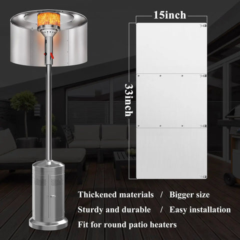 Heat Focusing Patio Heater Reflector Shield for Outdoor Heaters, 33x15 inches, silver aluminum shield in garden patio setting