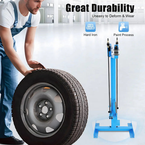 Shop Ready Metal Shrinker Stretcher Combo With Step On Foot Pedal For Grease Monkey Auto Body Repair And Hot Rod Restoration Features Dual Jaws For Instant Shrinking Or Smoothing Hands Free Sheet Metal Forming Tool Blue Cast Iron in use with a tire and supporting frame.