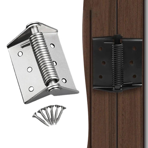 Self Closing Spring Hinge For Fence Gate Heavy Duty Silver Finish Includes Six Screws And Mounting Hardware on Wooden Gate