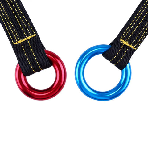 Pro Grade Arborist Friction Saver Tree Climbing Sling with Bomber Polyester Webbing and lightweight aluminum carabiner showing red and blue rings.