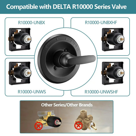 High Flow Eight Inch Matte Black Rain Shower Faucet And Tub Trim Kit With Round Rain Showerhead And Handle Fits Delta 13 Series shown with compatible valves.