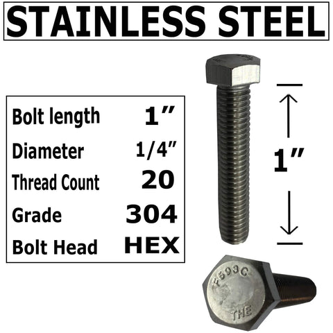 304 stainless steel hardware kit showing 1 inch bolt with hex head