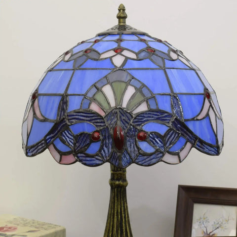 Close-up of Blue Baroque Tiffany Style Stained Glass Table Lamp For Bedroom And Living Room, 12x12x18 Inch on display