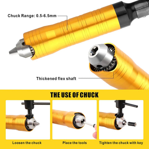 Close-up of the chuck and flex shaft on 1000W Flex Shaft Rotary Tool With 30000 RPM Speed, Pro Grade Electric Hanging Grinder Carver Kit