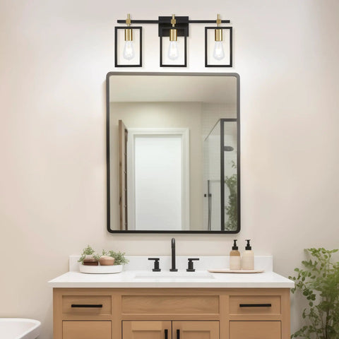 Industrial 3 Light Vanity Fixture In Black And Brass Gold With Rectangular Backplate Rustic Modern Farmhouse Bath Lighting Over Mirror