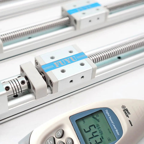 Close-up of Tiny But Mighty Mini Linear Motion Guide Actuator with 200mm Stroke Aluminum Linear Rail Ball Screw and measuring tool.