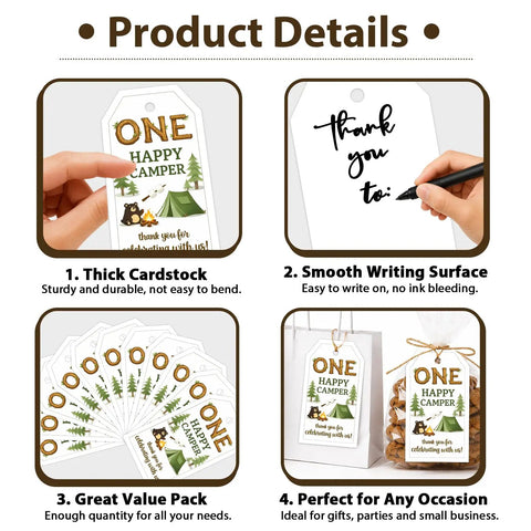 One Happy Camper 50 Pack First Birthday Thank You Tags With Twine Forest Bear Campfire Tent Theme displayed with usage examples