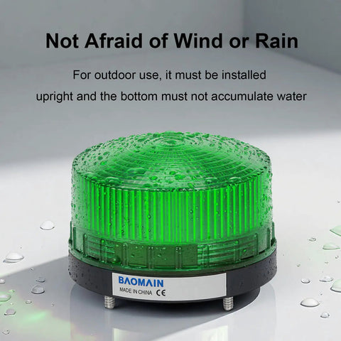 Hella Bright Industrial Green Strobe Warning Light Ac 110V 3W Led Beacon for outdoor use with water droplets on housing.