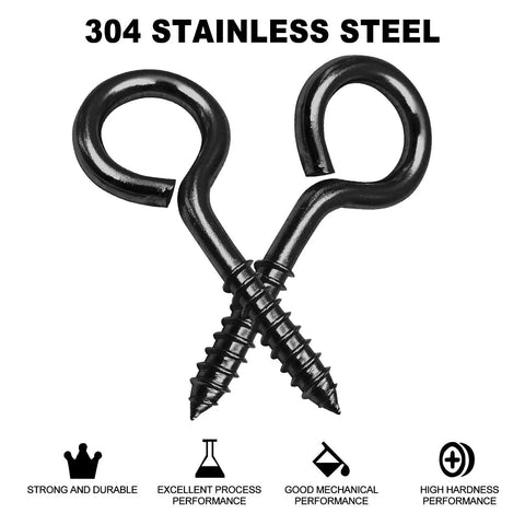 Heavy Duty Screw In Eye Hooks Black Stainless Steel 5 Inch 500 Lbs Load Rating solid loop bolts with 304 stainless steel finish.