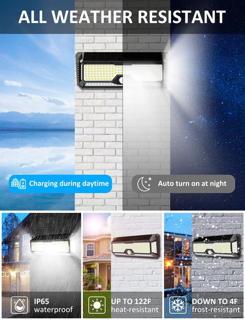 Super Bright Solar Outdoor Lights 4000 Lumen 268 LED Motion Sensor IP65 Waterproof installed on wall showing weather resistance