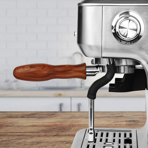 Bottomless 54mm Espresso Portafilter With 3 Ears And Puck Screen attached to Breville machine, wooden handle
