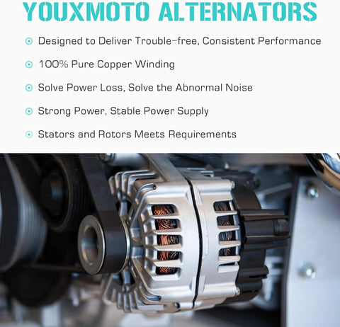 Close-up of a Beefy Alternator For 4.6L And 5.4L V8 Engines, aluminum body with copper winding, for Ford and Lincoln models.