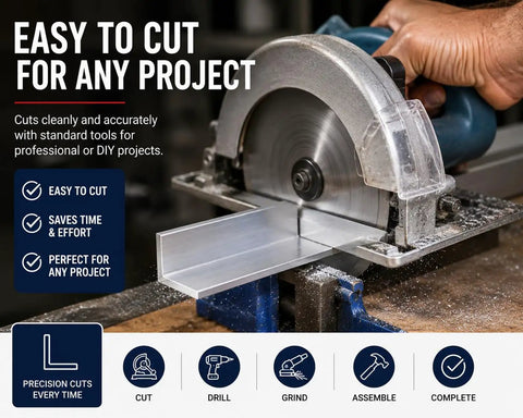 Circular saw cutting 1.5 inch aluminum angle for Two Pack 1.5 Inch By 1.5 Inch Aluminum Angle 6063 T5 Built Tough Precision Extruded Architectural Trim For Corner Guards Edge Protection And Sign Frames DIY Fabrication 48 Inch Long Three Sixteenth Inch Thick Made In USA