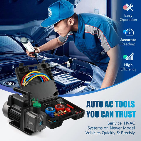 PB Motor Tech 4.5 CFM vacuum pump with 3-way AC manifold gauge set in a black carrying case and colored hoses.