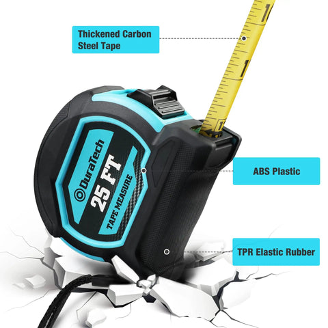 Magnetic Tape Measure 25 Ft With Fractions 1/8 Inch, Retractable, dual-sided with shock resistant ABS plastic and TPR rubber case.