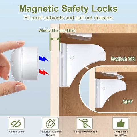Illustration of Magnetic Cabinet Locks Set 6 Pack Plus 2 Keys No Drill Baby Proofing for Kid Safe Kitchen Cabinets and Drawers.