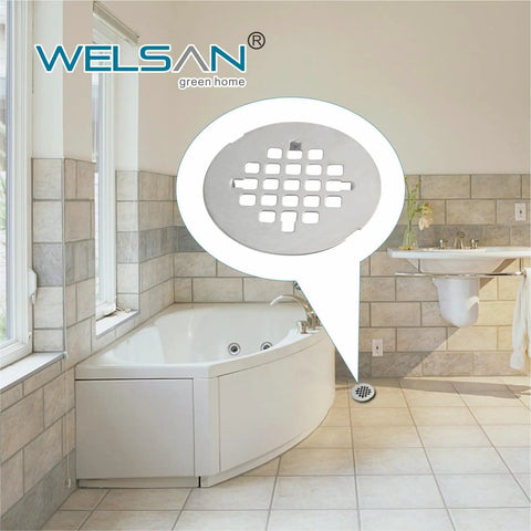 Heavy Duty Brushed Nickel Shower Drain Cover Round 4 1 4 Inch Snap In Stainless Steel Floor Strainer in modern bathroom setting.