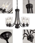 Five Light Matte Black Farmhouse Industrial Chandelier With Clear Glass Shades, modern vintage pendant lighting in focus.