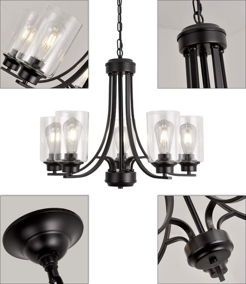 Five Light Matte Black Farmhouse Industrial Chandelier With Clear Glass Shades, modern vintage pendant lighting in focus.