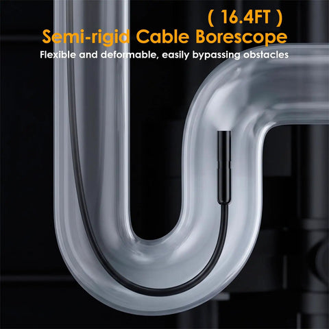 Ultra Clear Endoscope Camera With Light For Home And Auto Inspections, 1920x1440 HD Borescope With IP67 Waterproof Seal, SemiRigid Snake Camera, 16.4Ft Cable, 8 LED Lights, Works With iPhone And Android, For Pipes And Engine Bays. 16.4ft semi-rigid cable shown bending through a pipe