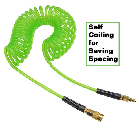 Recoil Air Hose for Air Compressor 1/4 Inch Inner Diameter, 25 Feet Self Coiling, Bend Restrictor, Pro Grade No Kink Quick Coupler, Green