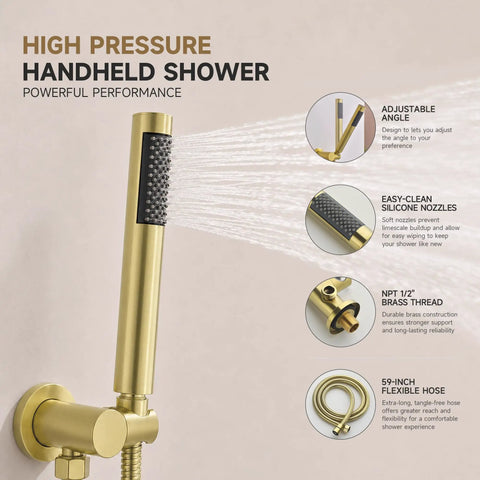 Totally Fire Premium All Metal Shower Faucet Set With Warm Gold Tone Eight Inch Rain Showerhead Curved Tub Spout Rust Proof Bathroom Hardware Upgrade high pressure handheld shower featuring adjustable angle and easy-clean silicone nozzles