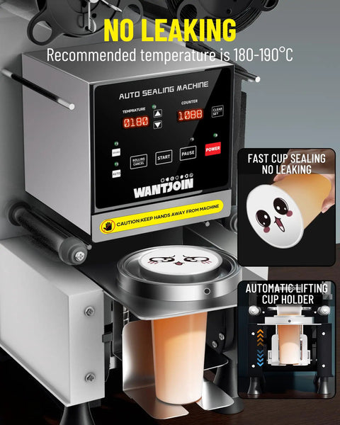 Top Tier Automatic Cup Sealer Machine For Busy Cafes Rapidly Seals Six Hundred Cups Per Hour With Smart Display showing operation details.