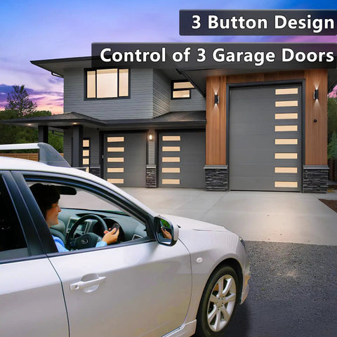 Driver using 3 Button Garage Door Opener Remote Replacement for multiple doors with a car in front of modern garage