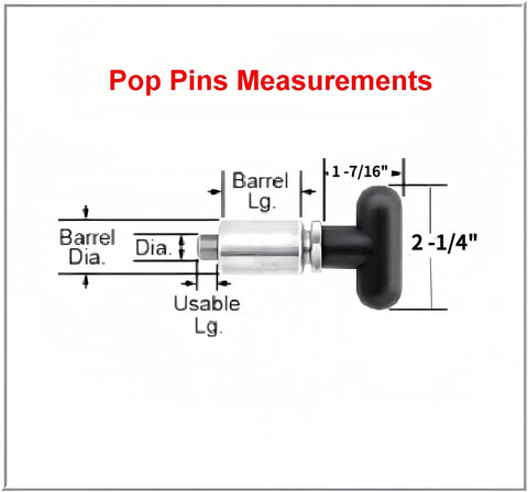 Top Shelf Steel T Handle Spring Loaded Pull Pins For Gym Equipment Quick Release Adjustment Knobs with measurement details.