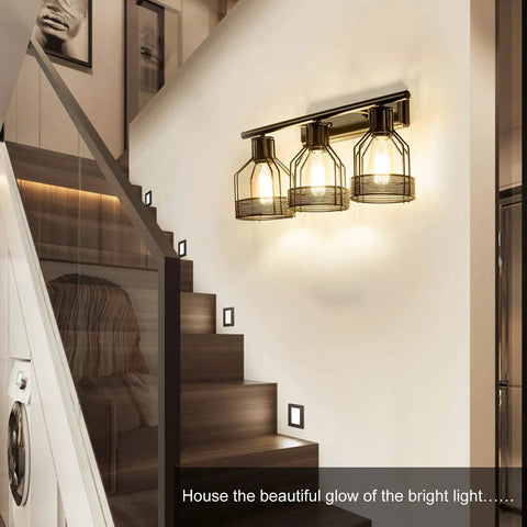 Industrial Vanity Light Plug In Three Light Retro Cage Wall Sconce with Metal Shade mounted on wall above stairway
