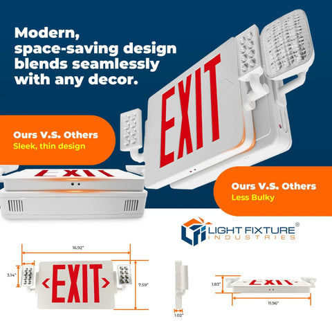 Red LED Exit Sign With Emergency Lights In White Housing UL 924 Listed 120 To 277 VAC Hardwired With Battery Backup Damp Location Rated 157 Lumen Output 3.3 Watt Low Power NiMH Battery Backup Optional Double Face And Knockout Arrows.