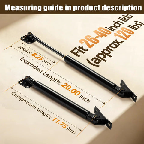 Bulletproof 20 Inch Gas Struts Featuring Upgraded T Bracket Setup For Effortless Lifting and Rock Solid Hold Bend Resistant 120 Pound Force Hydraulic Shocks measuring guide for 26-40 inch lids.