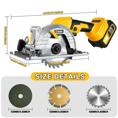 5 Inch 21V Cordless Mini Circular Saw Featuring Zero To Forty Five Degree Tilt For Sharp Miter Cuts And Rapid Edge Trimming with size details shown.