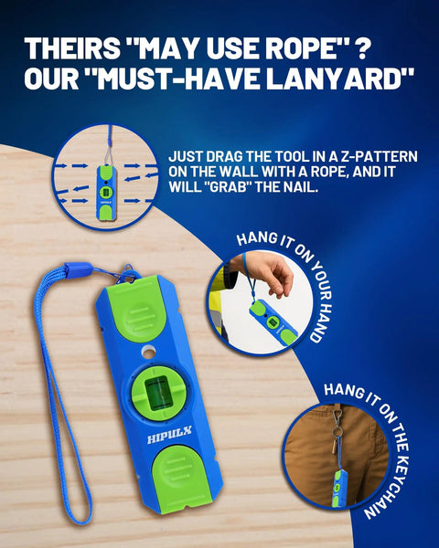 Straight Up Magnetic Stud Finder And Drywall Scanner With 360 Bubble Level And Heavy Duty Magnet for easy hanging with lanyard.