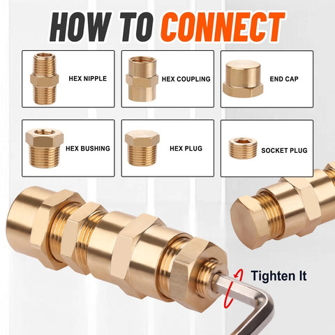 Ailbiuko 60pc brass pipe fittings kit with hex nipple, hex coupling, end cap, hex bushing, hex plug, socket plug.
