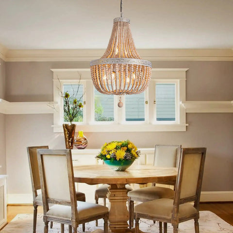 Dining room with Six Light Farmhouse Boho Wood Bead Chandelier Modern Natural Wooden Beaded Pendant Light Fixture E12.