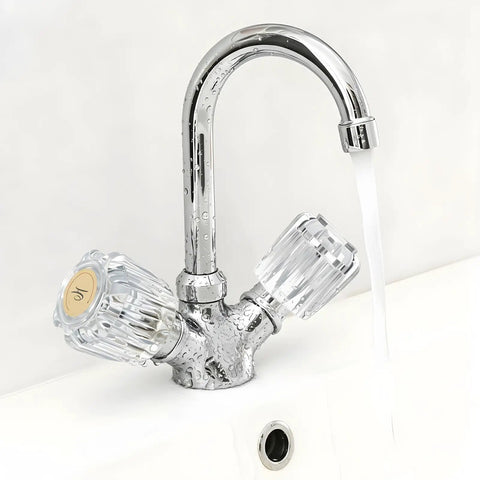 Two Pack Clear Acrylic Faucet Handles Replacement Kit For Tub And Shower attached to chrome faucet with running water