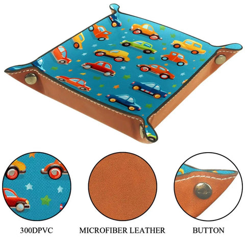 Smooth Setup Cartoon Car Grid Valet Tray For Nightstand Desk holds jewelry coins keys wallet, durable microfiber design.