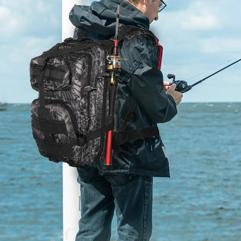 Angler with Lightweight Fishing Tackle Backpack With Water Resistant Build All In One Rod Holder And Gear Storage