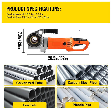 Handheld Electric Pipe Threader 2300W 110V Copper Motor Built To Rock With Carbon Steel Die Heads, shows size and materials.