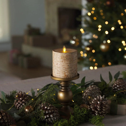 Birch Bark Wrapped Flameless LED Candle With Moving Flame, Battery Operated 3.5 By 4.5 Inch Pillar Light on stand, holiday decor