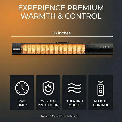 Electric Patio Heater With Remote Control 1500W Outdoor Infrared Wall Mounted with 24H timer, overheat protection, 3 settings.