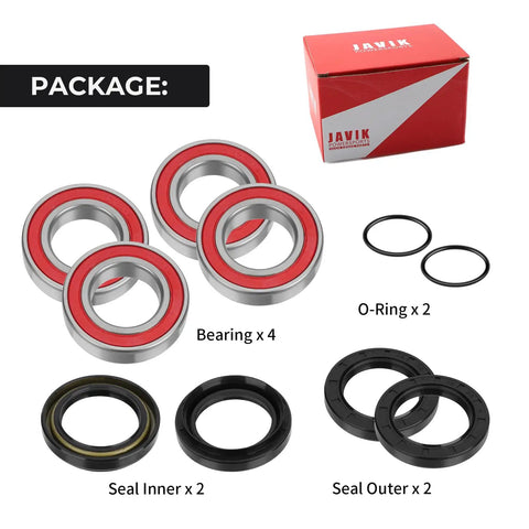 Front Wheel Bearing And Seal Kit For Big Bear Grizzly Kodiak Rhino Heavy Duty Rustproof with four bearings, two inner and outer seals, and O-rings.